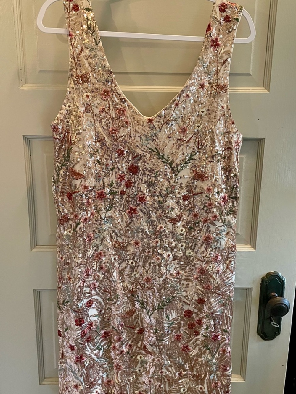 Beaded Floral Ivory Midi Dress with Pink & Green Embroidery